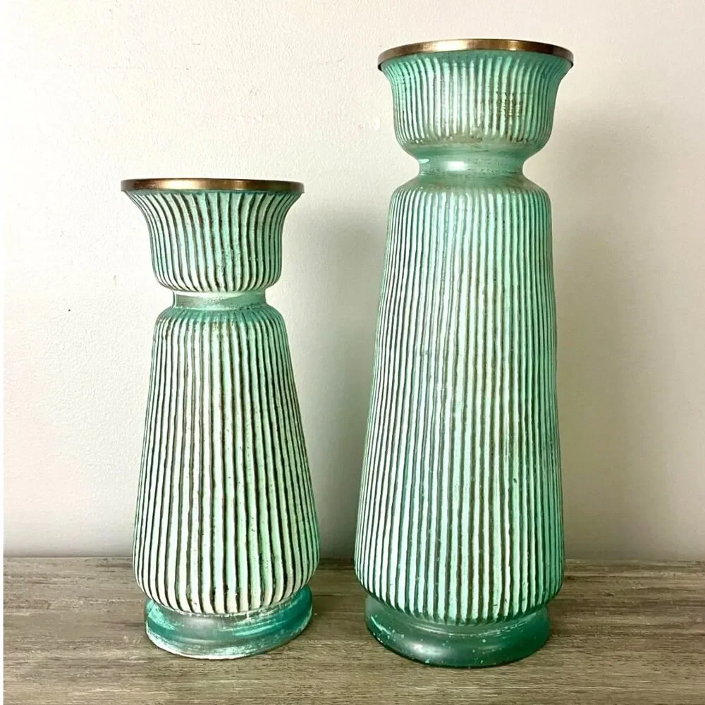 Pier 1 Aqua Patina Ribbed Candle Holders Set of 2 Gold Rim Coastal Decor